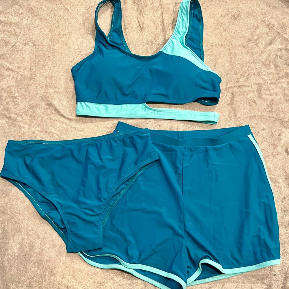 Kids Turquoise & Mint Swimsuit Set 3 Piece Swim Top Briefs Shorts 15-16Y